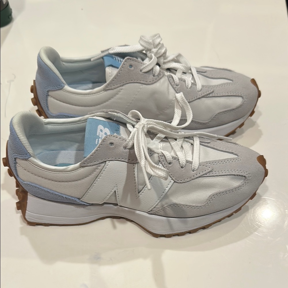 New Balance 327 White and Light Blue Sneakers